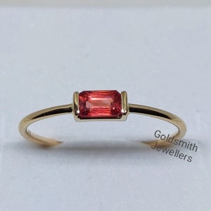 Dainty Red Sapphire Ring: 14k Yellow Gold Baguette Stacking Ring