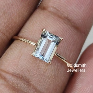 14k Gold Aquamarine Ring: Emerald Cut March Birthstone