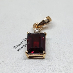 Emerald Cut Garnet Pendant: 14k Gold & Diamond Accent