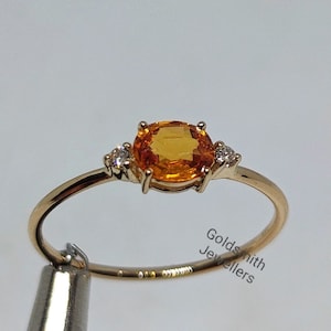 Natural Orange Sapphire Diamond Ring, Solid 14k Gold Wedding Ring, Engagement Ring, Dainty Sapphire Ring, Handmade Jewelry Ring For Her .