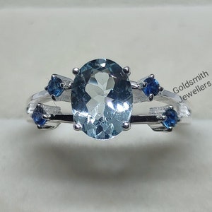 Aquamarine Ring: Oval Gem, Blue Sapphire, 925 Sterling Silver