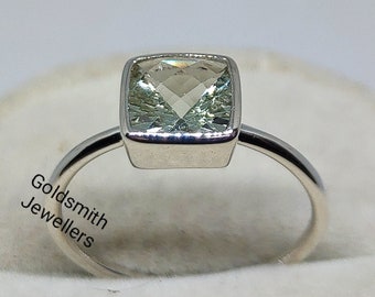 Green Amethyst Ring: Cushion Cut, 925 Sterling Silver, Bezel Set