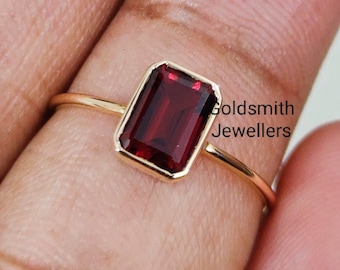 Emerald Cut Garnet Ring: Solid 14k Gold January Birthstone