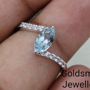 Vintage Marquise Aquamarine Diamond Ring, 14K White Gold