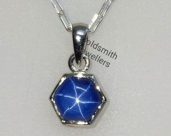 Sterling Silver Blue Star Sapphire Pendant: Hexagon Lindy Star, Dainty Gift