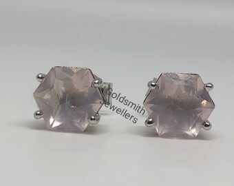 Hexagon Rose Quartz Stud Earrings: 925 Sterling Silver Dainty Studs