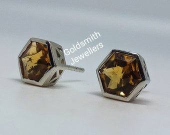 Hexagon Citrine Stud Earrings: 925 Sterling Silver, Natural Gemstone
