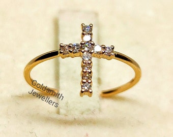 14K Solid Gold Diamond Cross Ring: Christian Jewelry Gift