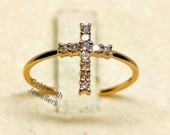 Gold Diamond Cross Ring, Christian Ring, 14K Solid Gold Ring, Jesus Ring, 0.15ct Diamond Ring, Confirmation Gift, ,Rings for Women.