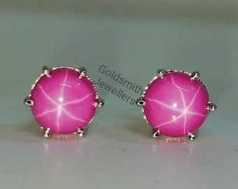 Pink Star Sapphire Stud Earrings: 925 Sterling Silver, Round Cut