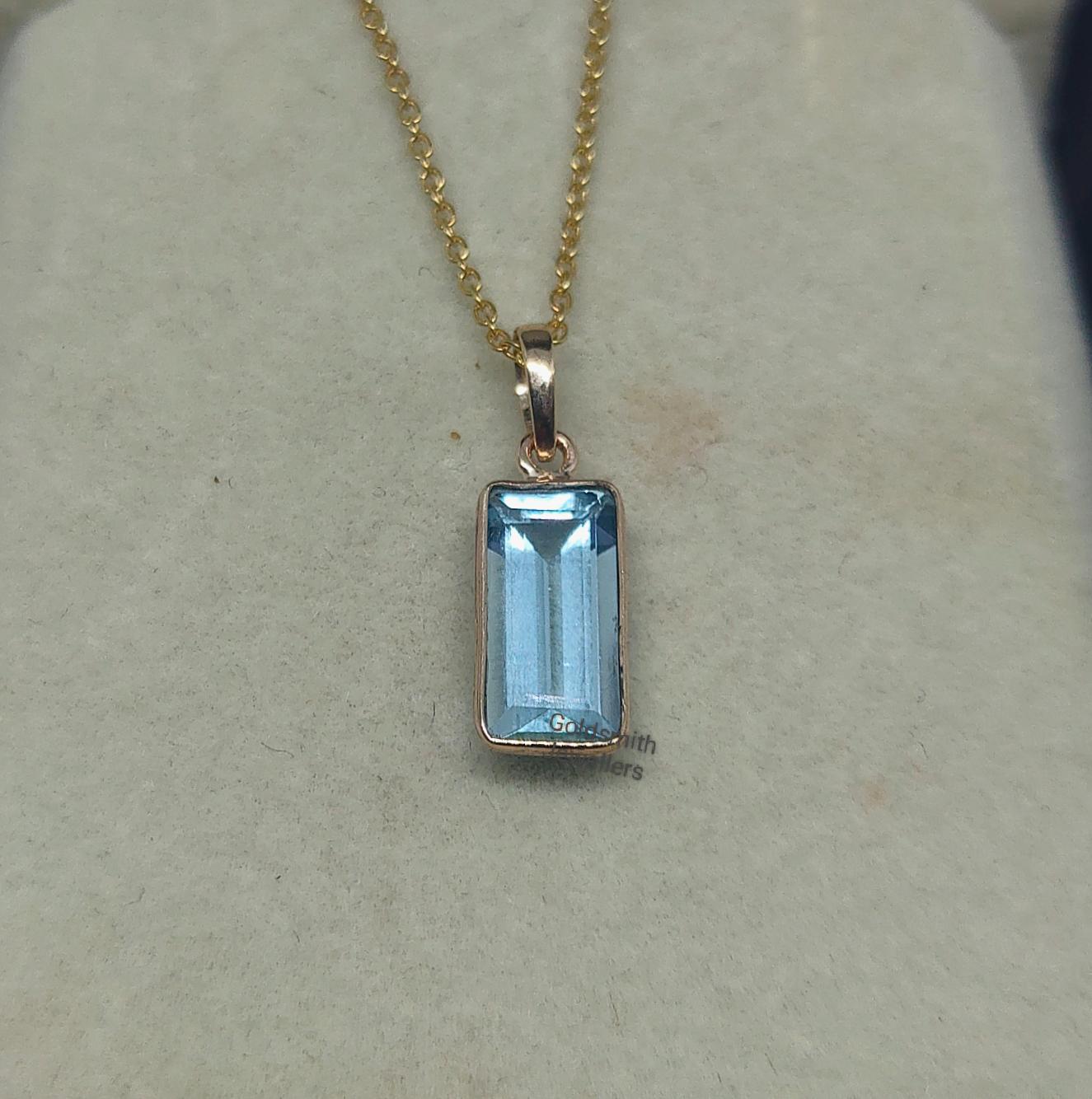 Aquamarine Pendant, Baguette cut Pendant, 14k Yellow Gold Pendant, Natural Aquamarine Pendant, Bezel Setting Pendant, Women Gift.