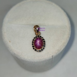 Natural Star Ruby Pendant Necklace, 14k Gold Pendant, July Birthstone, Black Diamond Pendant, Vintage Star Ruby Pendant, With No Chain.