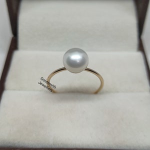 14k Gold Ring: Dainty White Pearl Stacking Ring