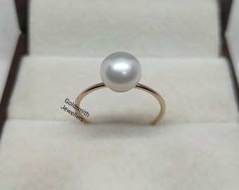 14k Gold Ring: Dainty White Pearl Stacking Ring