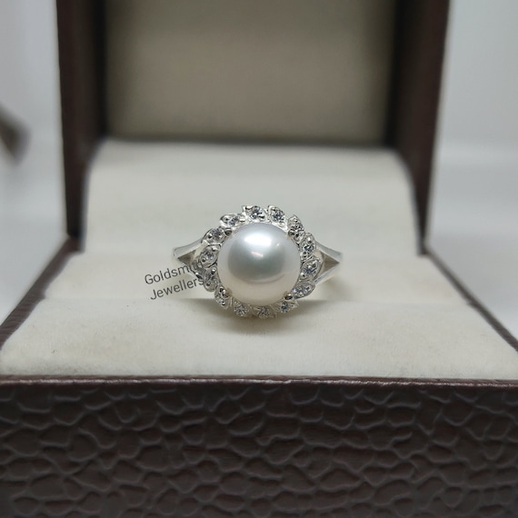 Natural Pearl Ring: 925 Sterling Silver, CZ Diamond Halo - Etsy