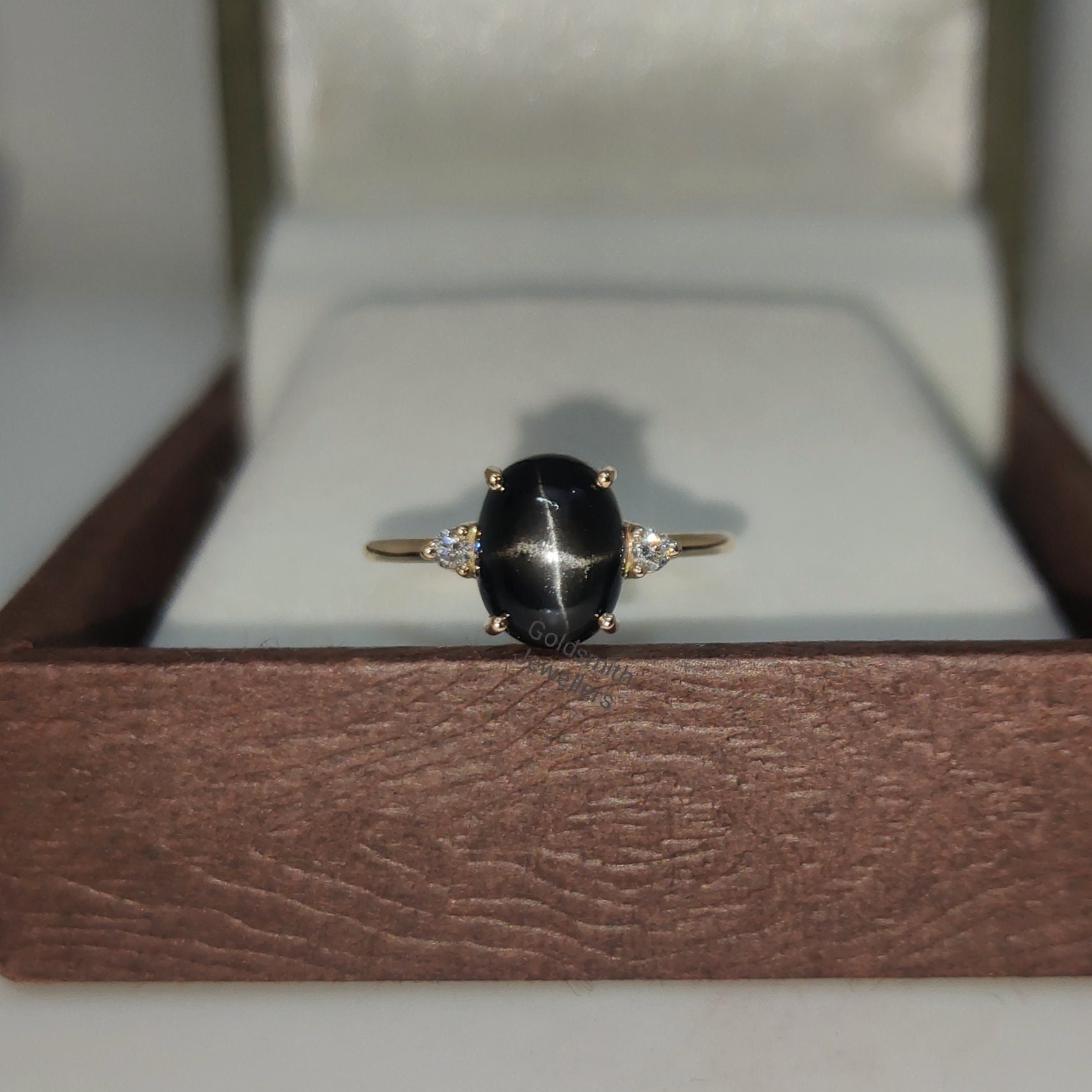 Vintage Black Star Ring, Engagement Ring, 14K Yellow Gold Ring, Black Star Diopside Ring, Promise Ring, Anniversary Ring, Mother Gift Ring.