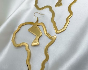 Queen Nefertiti Africa Map Earrings, 18k Gold Plated Stainless Steel