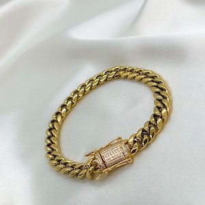 Regal Cuban Chain Link Bracelet, Miami Cuban Links Bracelet, Water Resistant Stainless Steel Wrist Jewelry, 14 Karat Gold Plated