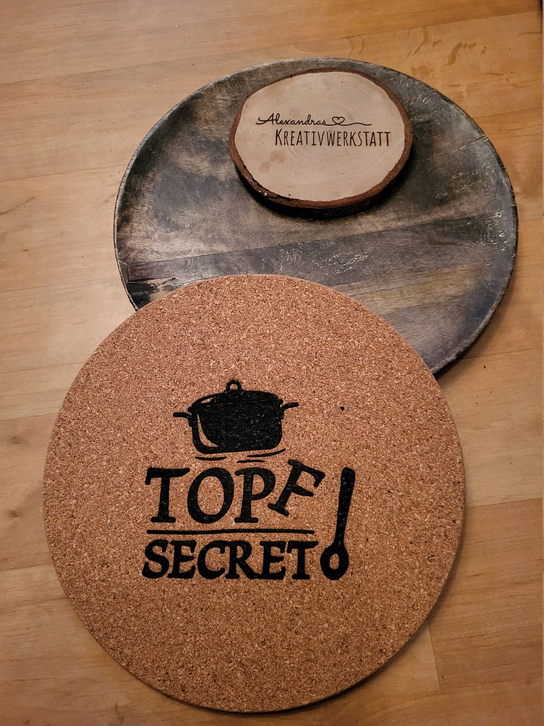 Topfuntersetzer aus Kork mit Spruch, Topf Secret, Tee Untersetzer