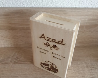 personalized money box/savings book/wooden piggy bank for birth, communion, confirmation, etc...