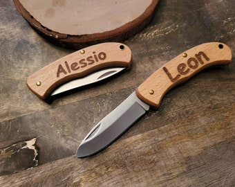 Il mio primo coltello da intaglio: coltello tascabile in legno per bambini con incisione personalizzata