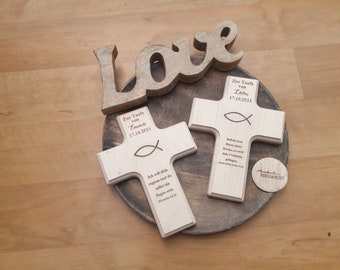 Wooden cross made of maple baptismal cross, communion, confirmation with individual engraving, customizable, baptismal motto