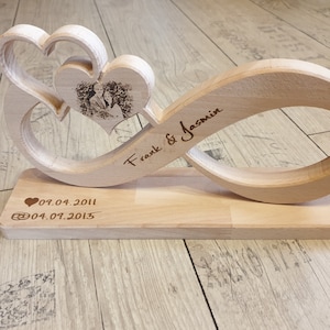 Può includere: Un simbolo di infinito in legno con due cuori intagliati. I cuori sono intrecciati e contengono una foto di una coppia. Il simbolo di infinito è inciso con il testo "Frank & Jasmin" e le date "09.04.2011" e "04.07.2015".