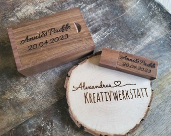 Personalized USB stick, logo, wedding, individual laser engraving, wooden USB stick 16GB/32GB/64GB