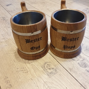 Beer mug made of solid oak wood Oak mug Wooden mug approx. 0.5L stainless steel insert, beer lover, beer connoisseur