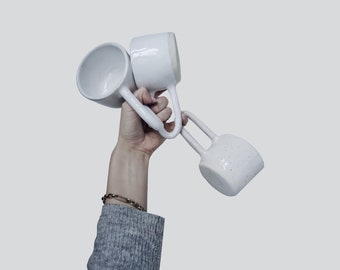Mug with long handle, white glossy, stoneware ceramic, tea cup, coffee mug, cappuccino cup