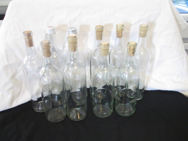 Lot of 10 Empty 750ml Clear Wine Bottles With Original Corks/lids, No