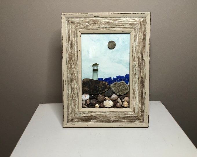 Framed Beach Sea Glass Art, Pebble Art, Plant Lover Gift, Flowers In Pots Art, Beach Lover Gift, Unique Wall Art, Coastal Decor, Mini Art