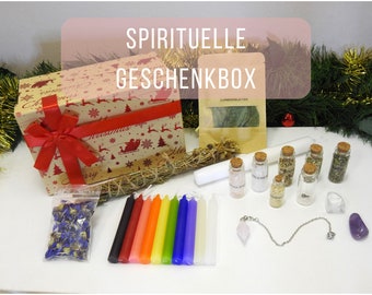 Spiritual gift box with gemstones/incense, spell candles, pendulum, tumbled stones