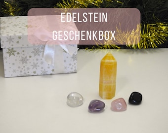 Gemstone gift box / orange calcite tower, rock crystal, amethyst, rose quartz, obsidian