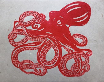 Octopus Lino Print A4 Lokta Paper