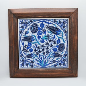 Hand Painted 3D Relief Blue Floral Tulip Iznik Ceramic Tile Art Framed Handmade Wall Painting In Traditional Turkish Cini Style