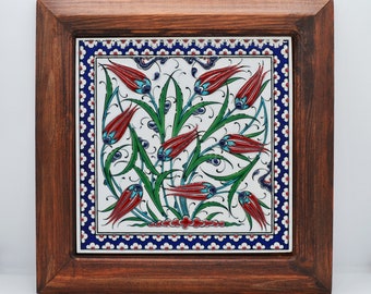 Hand Painted Tile Using Ancient Iznik Technique - Tulip 3D Relief Design - Floral Turkish Ceramic Art Tile Framed