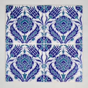 Turkish Wall Tiles x4 Handmade Iznik Ceramic Blue Turquoise Floral Pattern Kitchen Backsplash Bathroom Shower Istanbul Ottoman Art 20x20cm