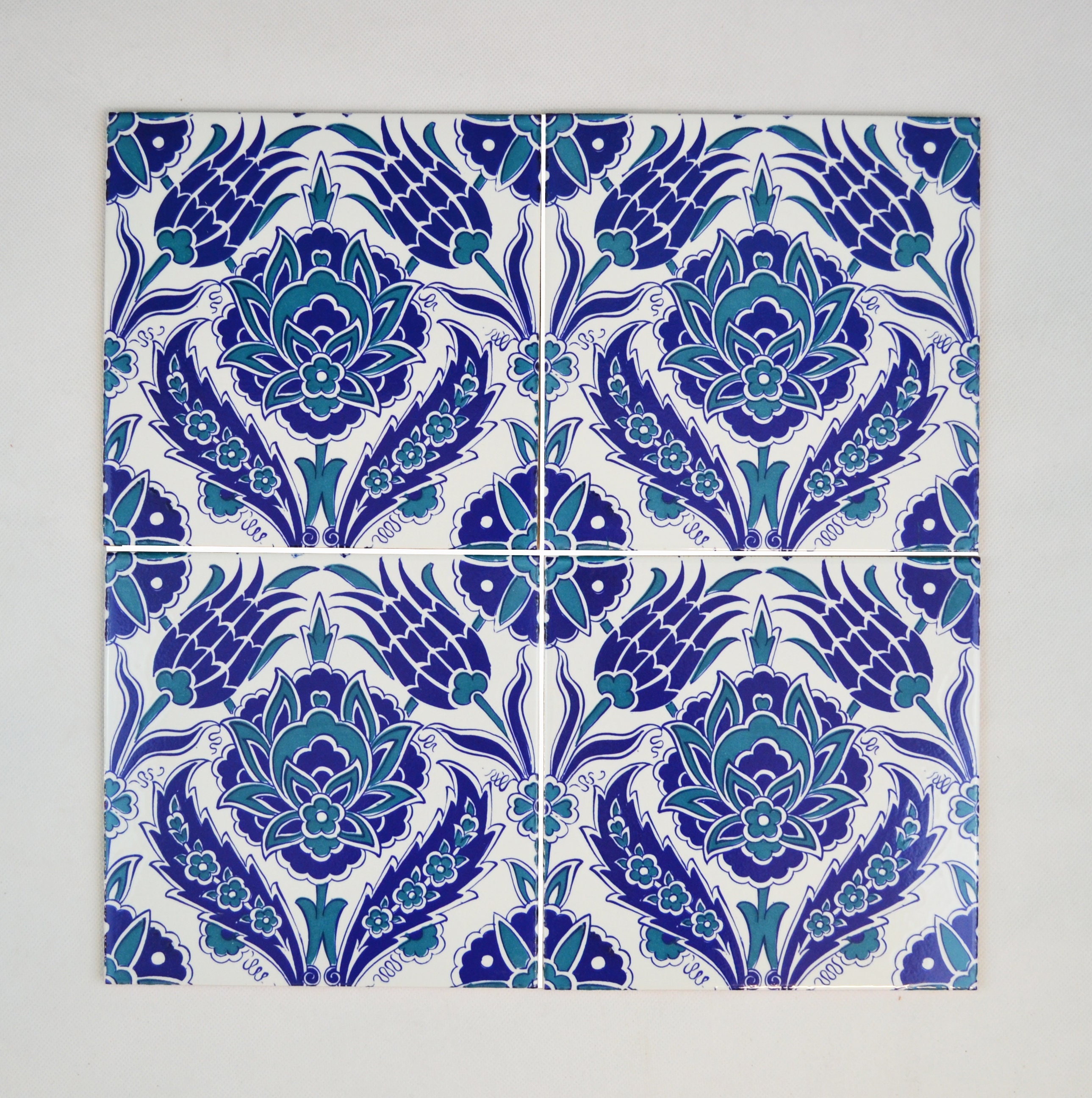 4 X Handmade Turkish Iznik Floral Ceramic Wall Tiles Blue