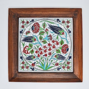 Hand Painted 3D Relief Floral Tulip Iznik Ceramic Tile Art Framed Handmade Wall Decoration In Traditional Turkish Cini Style