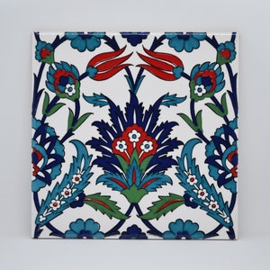 Handmade Floral Design Turkish Iznik Ceramic Wall Tile Ottoman Cini Style Flower Pattern 20cm x 20cm