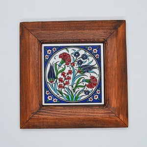 Hand Painted Iznik Floral Tulip Ceramic Framed Wall Tile In Traditional Ottoman Turkish 3D Cini Art Style