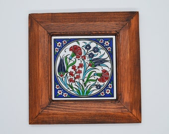 Hand Painted Iznik Floral Tulip Ceramic Framed Wall Tile In Traditional Ottoman Turkish 3D Cini Art Style