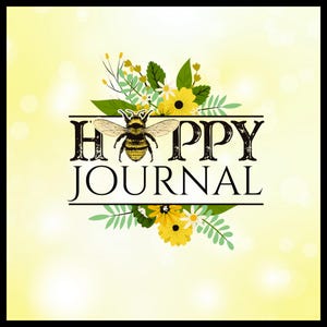 May include: A yellow and white floral design with a bee and the text "HAPPY JOURNAL" in black.