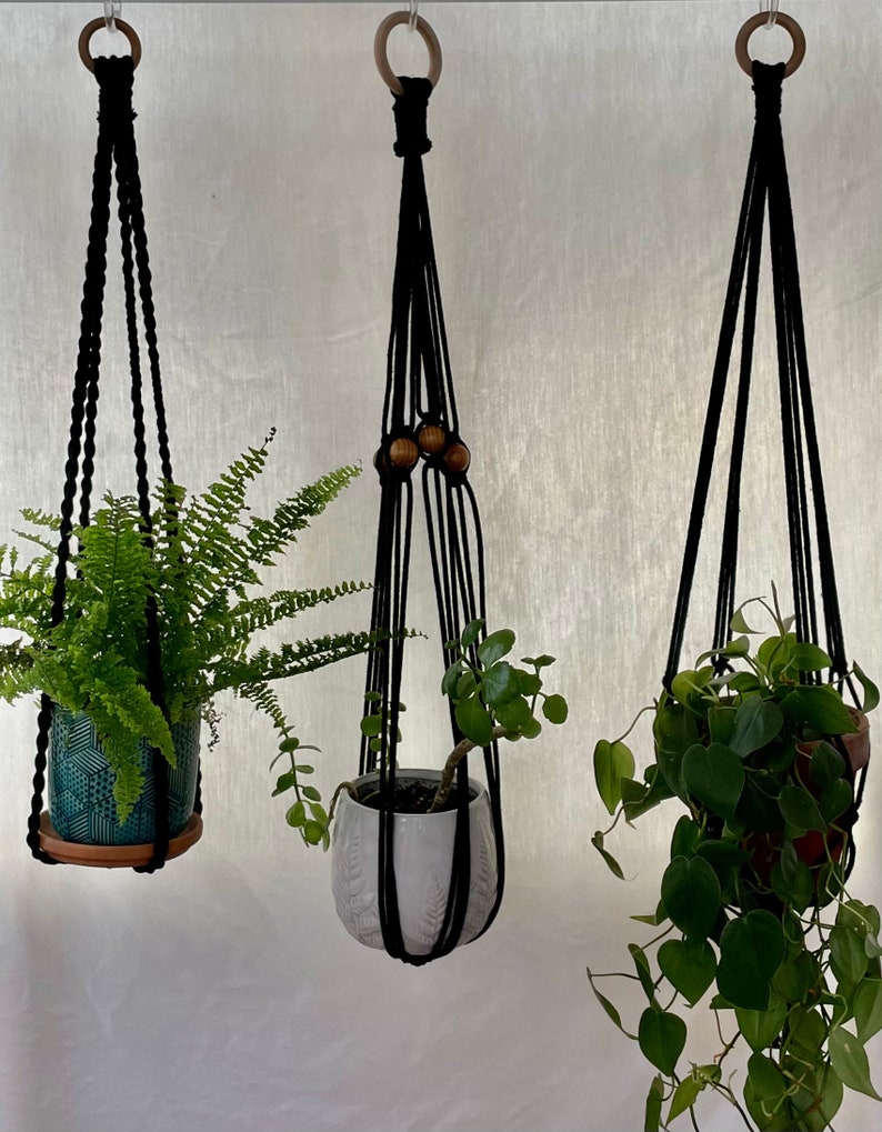 Simple Black Plant Hanger Macrame Plant Hanger Black Macrame Etsy