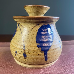 Vintage Studio Pottery Lidded Pot / Preserve Jar - Cobalt Blue Wax-Resist - 9 cm