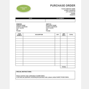 Purchase Order Template / Purchase Order Printable / Small Business Form / Downloadable Order Form