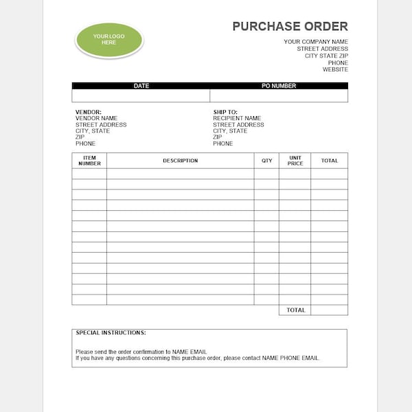 Purchase Order Template / Purchase Order Printable / Small Business Form / Downloadable Order Form