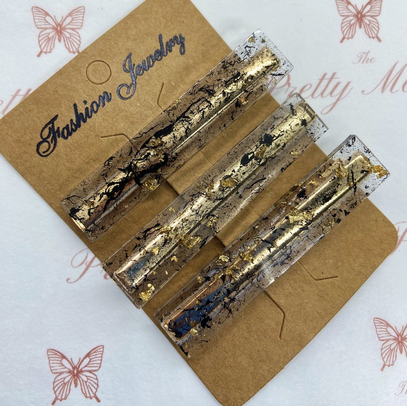 Set of 3 Clear Black and Gold leaf Barrettes