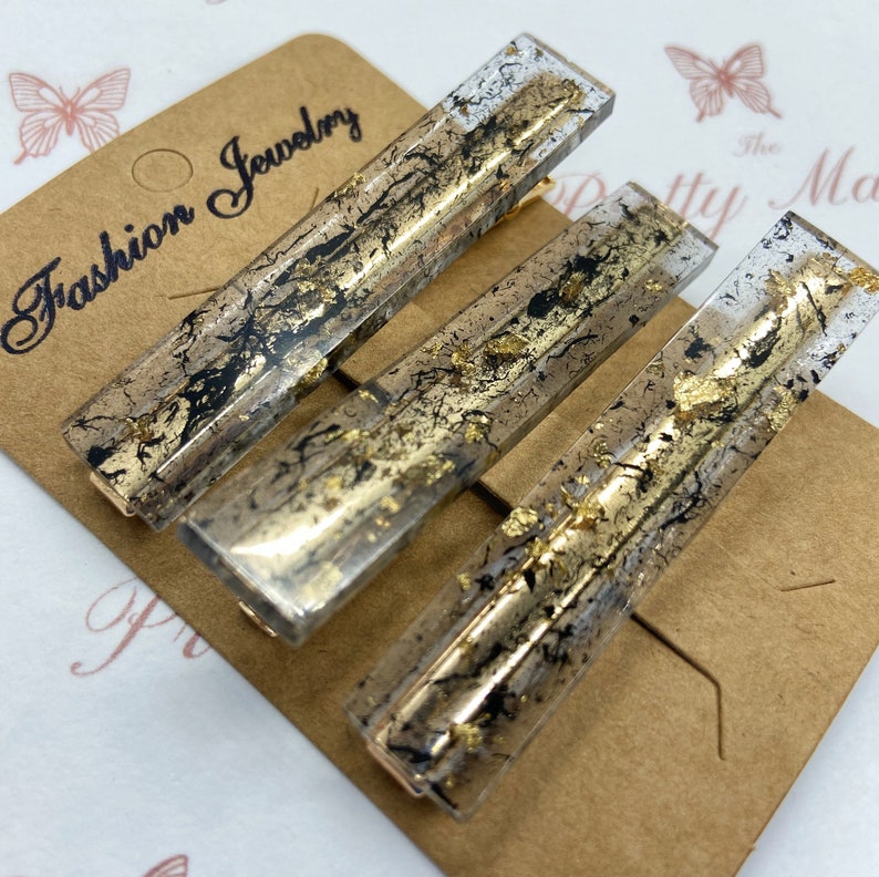 Set of 3 Clear Black and Gold leaf Barrettes